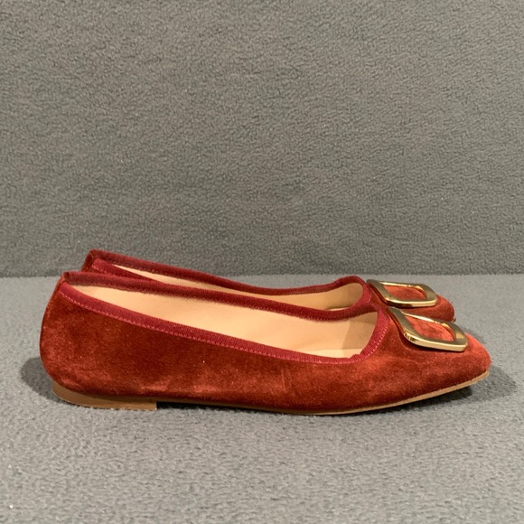 Avellini Shoes - Avellini Womens 9.5 Red Suede Square Toe Ballet Flats Made in Italy Gold Buckle